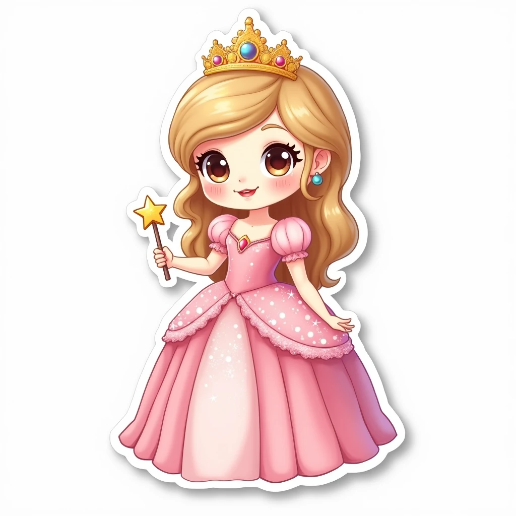 A sticker of a kawaii princess with a long dress and a shiny tiara, holding a star wand. The white border frames her elegant pose, perfect for a lovely sticker