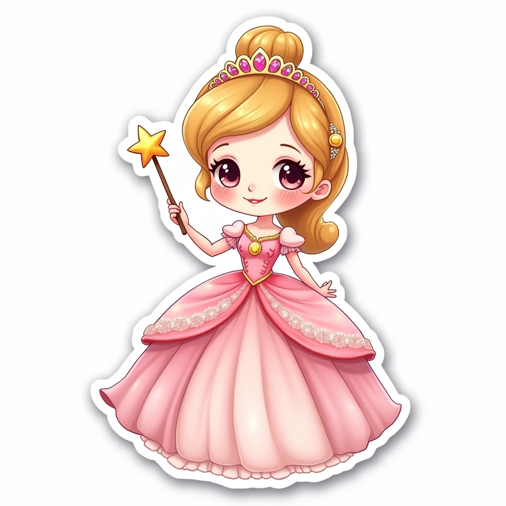 A sticker of a kawaii princess with a long dress and a shiny tiara, holding a star wand. The white border frames her elegant pose, perfect for a lovely sticker