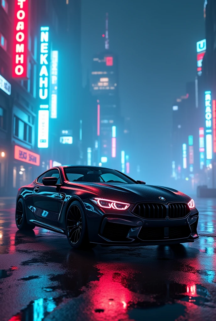 Black BMW M8 realistic at cyberpunk neon city with blue and red lights at night and foggy fo mobile wallpaper 