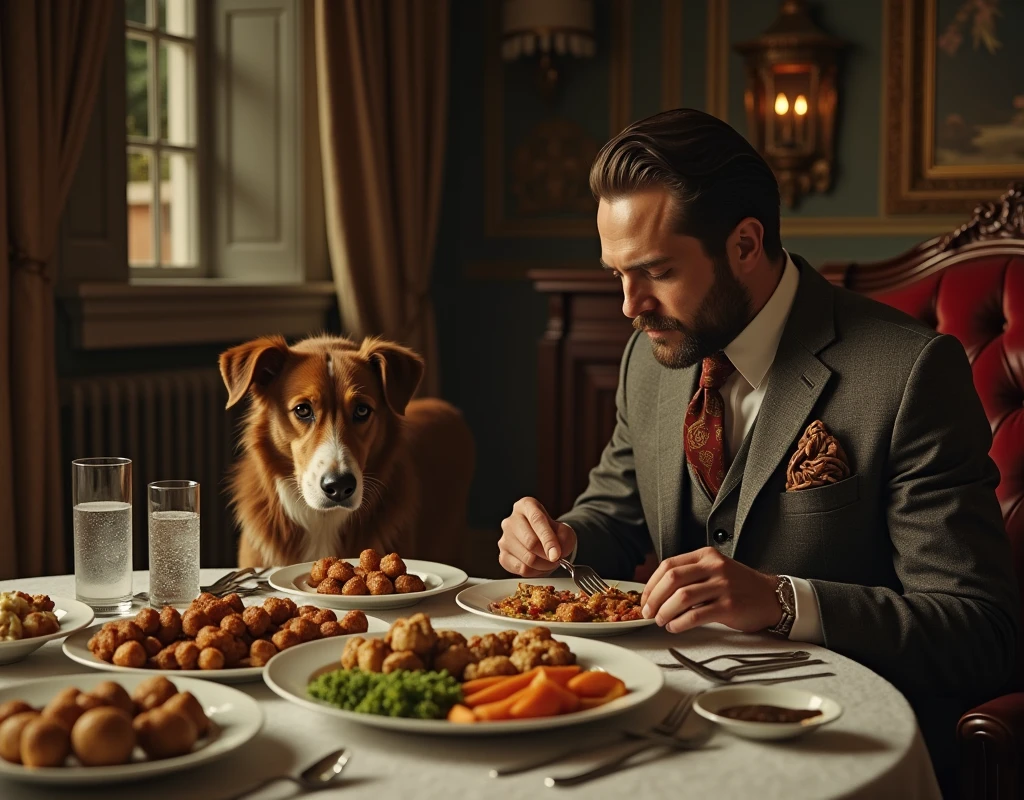A man has a dog living in luxury, eating kebabs and kofta. Create an image that represents this scene, with colors that look old, as if from the early days of color television.