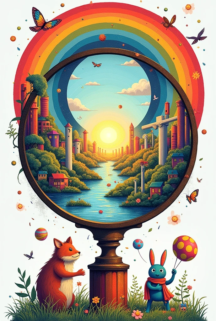 Represent in drawing the learning that is taught at school with fun and different colors, that are under a magnifying glass, and there is a rainbow