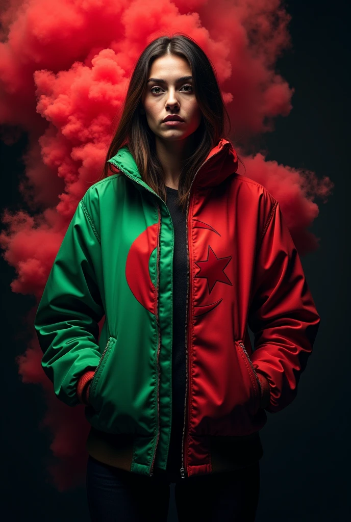 Woman wearing Algerian flag jacket, black background with colored smoke.
