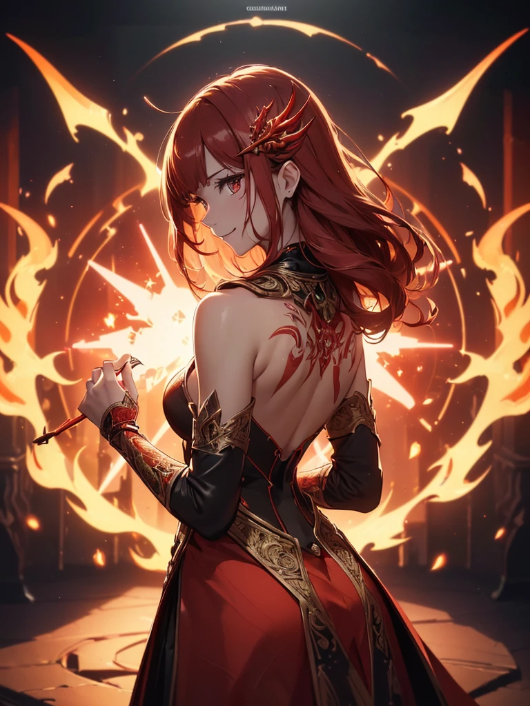 (((best quality, sharp image, clear image, cinematic lighting, 8k resolution, masterpiece, ultra detailed, intricate))) Girl, sorcerer, cute, intricate dress, smiling, fiery red, ((intricate background)), (rune frame), dimension, ((shot from behind)), fire sigils, chaotic background, ((half-body shot))