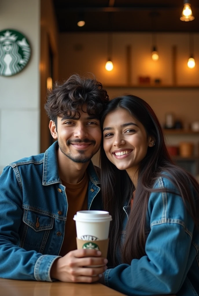 A 20 years old young indian boy with medium long hair wearing denim jacket and seating with his 20 years old young girlfriend with long hair who's wearing blue jacket and both are seating in starbucks coffee shop.taking selfie