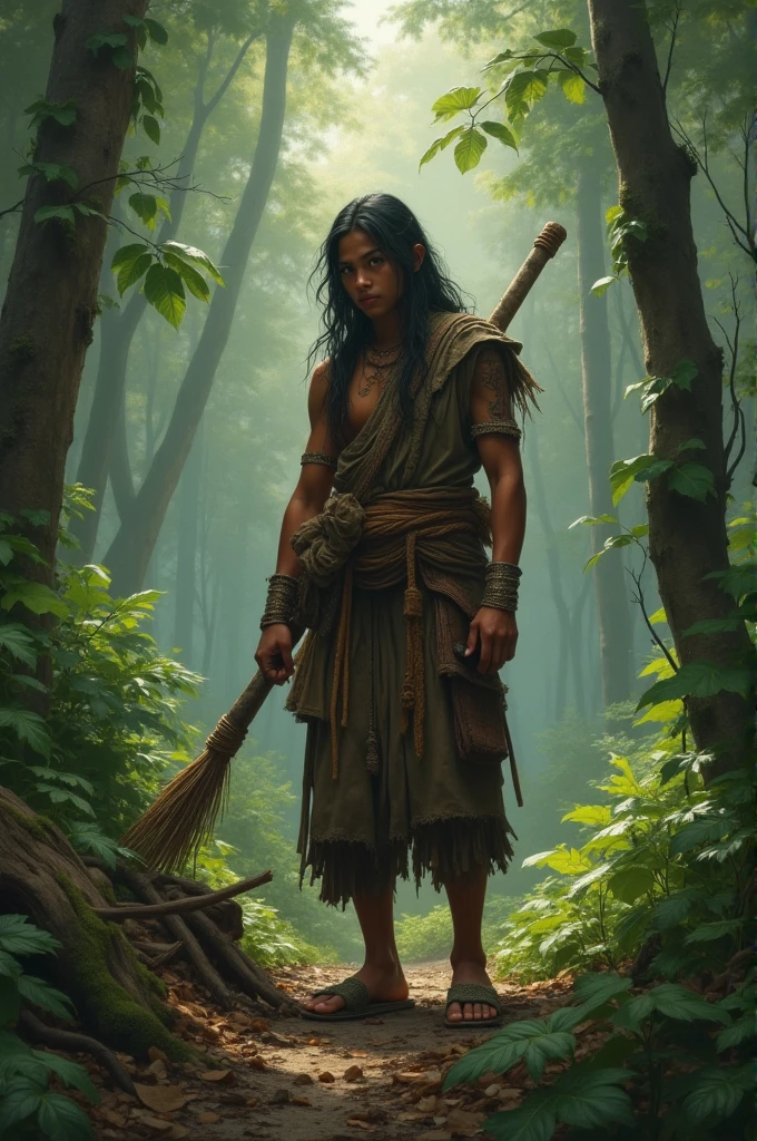 ((best quality)), ((masterpiece)), (detailed), Rian (young) , a newcomer to the village, decided to enter the forest to gather firewood, ignoring the warnings (use outfit sundanese culture)