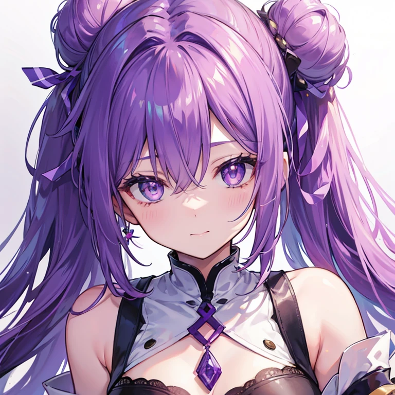 high resolution, 1 ,shiny hair, Hair with two buns, bangs between eyes, laughter, purples eyes, Hairpin, アニメ,