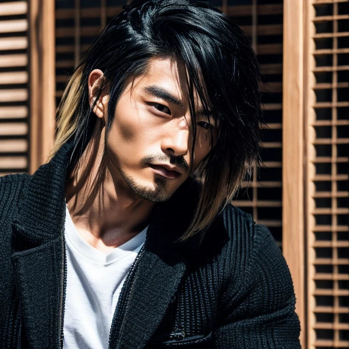 1 man, Japanese man, male, Asian eyes, muscular, broad shoulders, yakuza tattoos, hairstyle Visual Kei style, hair Visual Kei, black men's shirt and black pants, ultra detailed face, hyperrealistic, realistic representation, long hair, long hair, 30 years old, age 30 years, blonde hair