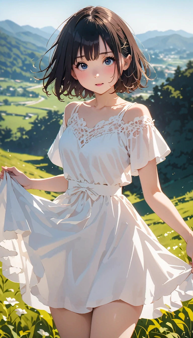 (masterpiece, Highest quality:1.2), 1 girl, Detailed face、Spreading grassland、Standing alone on the horizon、My hair flutters in the breeze、whole body、Landscape(Highest quality:1.2), 8k, 1, 85mm, Official Art, RAW Photos, Absurd, White dress、Cute Face, Viola Lace, Gardenia, beautiful girl, Cinch waist, Thighs, Short sleeve, short hair、No makeup, (smile:0.4), Film Grain, chromatic aberration, Sharp focus, Face Light, Bright lighting, Teen,