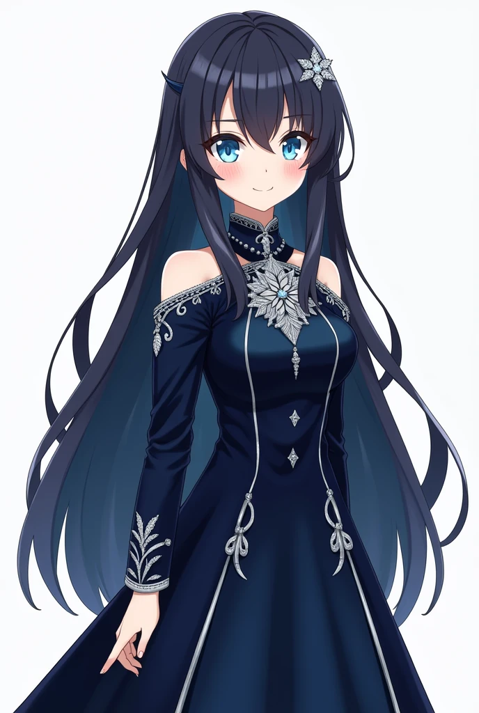 anime girl   full body 
Hair: Freya has long, midnight-black hair that falls in soft waves to the middle of her back. The natural shine of her locks reflects the light, giving her a silky, well-groomed appearance. She often wears her hair loose, with a few thin braids at the sides, adorned with an elegant snowflake-shaped brooch. This brooch, made of silver and encrusted with small precious stones, symbolizes her affinity with ice and stands out delicately among her dark hair.

Eyes: Her eyes are a shade of blue reminiscent of a serene and beautiful lake, conveying a sense of calm, depth, and wisdom. Her eyes are large and expressive, capable of showing both kindness and determination.

Skin: Freya has clear, pale skin, almost like porcelain, contrasting with the darkness of her hair. Her skin is smooth and flawless, the result of the care typical of her noble position. However, she does have a natural blush on her cheeks, which adds a touch of vitality to her appearance.

Attire: Dress: A long, navy blue gown made of velvet, with a fitted bodice that accentuates the waist. The dress has long sleeves that taper at the cuffs, with silver embroidered details, including snowflake symbols, reflecting Freya's affiliation with ice. The neckline is high and adorned with fine silver lace. The skirt opens in layers that fan gracefully around her, giving her a stately and majestic presence.

Height and Build: Freya is of average height, with a slender, athletic body, the result of years of physical training. Her posture is erect and confident, reflecting both her noble background and her unwavering determination. Despite her delicate appearance, her body displays latent strength, especially in her arms and legs, evidence of her rigorous training in swordsmanship and combat.

Facial Expression: Freya's expression is generally calm and collected, with a slight smile that rarely breaks. Her facial features are well defined, with high cheekbones and a delicate chin, which contrib