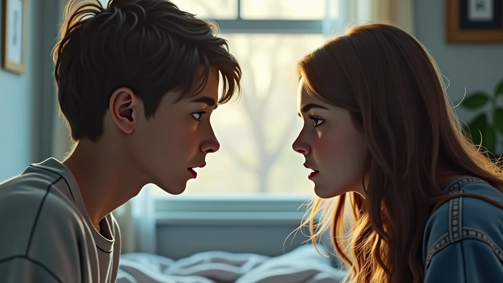 Ultra-realistic portrait of two teenagers, a boy and a girl, both with expressions of frustration and tension. The boy has short brown hair and the girl has long brown hair. They are dressed casually. The portrait should be from the waist up.
The teenagers are facing each other in a room, with elements such as a bed and a window in the background, but blurred so as not to distract from the main subjects.
The lighting should be soft and natural, with afternoon light coming from a window, creating subtle shadows that accentuate the teenagers' expressions of frustration. The light should highlight the eyes and the texture of the skin, emphasizing the seriousness of the situation.
The image should convey a sense of tension and frustration, with a touch of vulnerability. Suggest a neutral color palette, such as greys and blues, that complements the atmosphere of the room.
Image Quality: The photo should be of high quality, with 8k rendering and extreme detail, capturing the emotional essence of the moment.