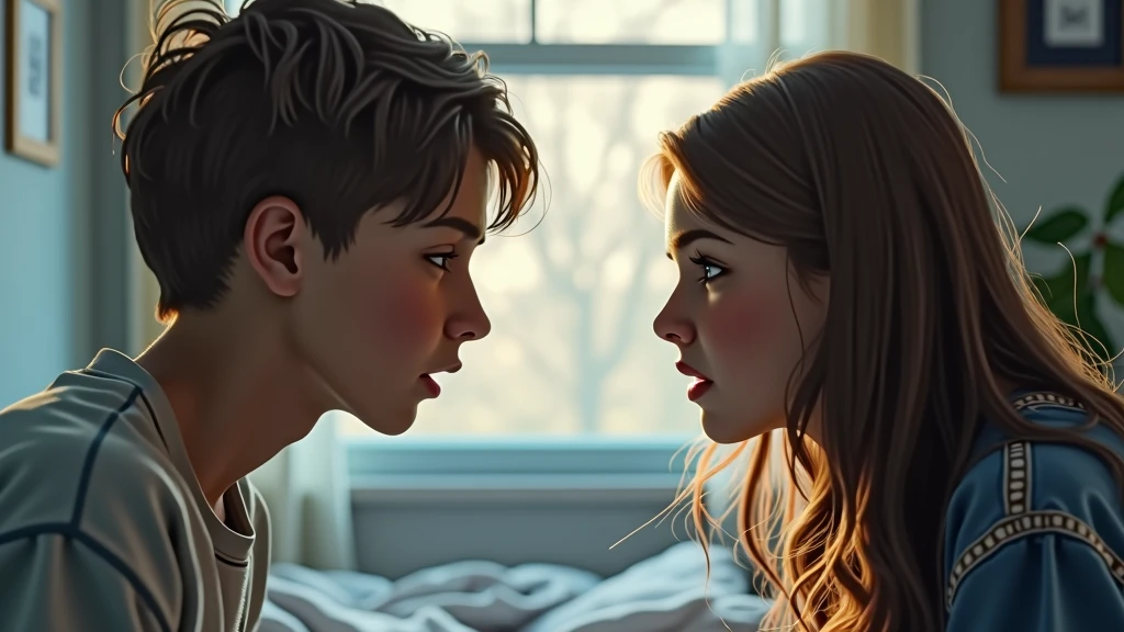 Ultra-realistic portrait of two agers, a boy and a girl, both with expressions of frustration and tension. The boy has short brown hair and the girl has long brown hair. They are dressed casually. The portrait should be from the waist up.
The teens are facing each other in a room, with elements such as a bed and a window in the background, but blurred so as not to distract from the main subjects.
The lighting should be soft and natural, with afternoon light coming from a window, creating subtle shadows that accentuate the teenagerxpressions of frustration. The light should highlight the eyes and the texture of the skin, emphasizing the seriousness of the situation.
The image should convey a sense of tension and frustration, with a touch of vulnerability. Suggest a neutral color palette, such as greys and blues, that complements the atmosphere of the room.
Image Quality: The photo should be of high quality, with 8k rendering and extreme detail, capturing the emotional essence of the moment.