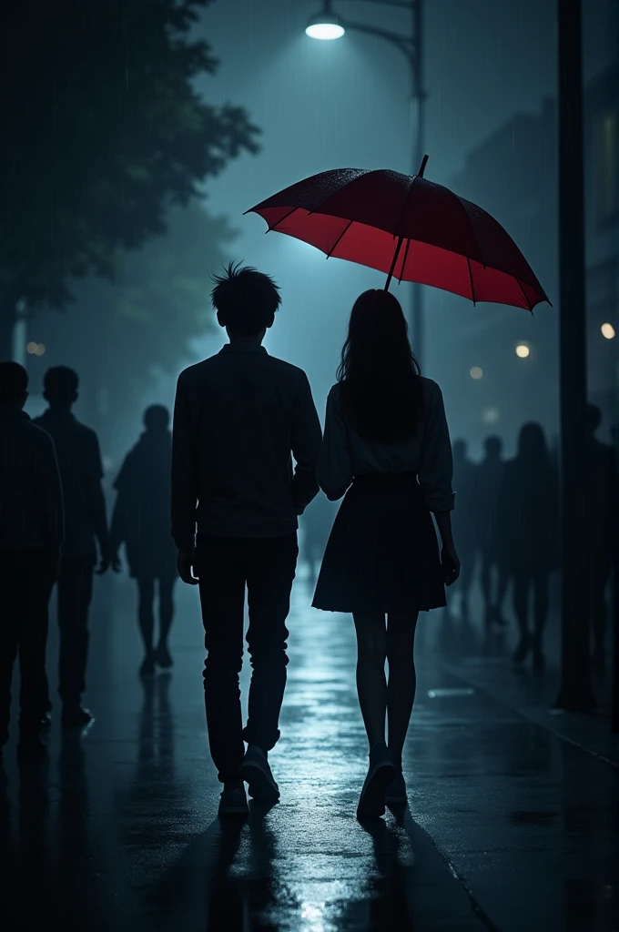 A dark and stormy night where you can barely make out the silhouettes of people as you walk and the glare of the lights blinds you., Two young men walk calmly along a relatively empty sidewalk, The people gathered to take shelter from the rain leave the path of these two silhouettes clear, Her black clothes and red umbrella contrasted with the environment, And with their gaze they looked around as if they were expecting to see something out of the ordinary..