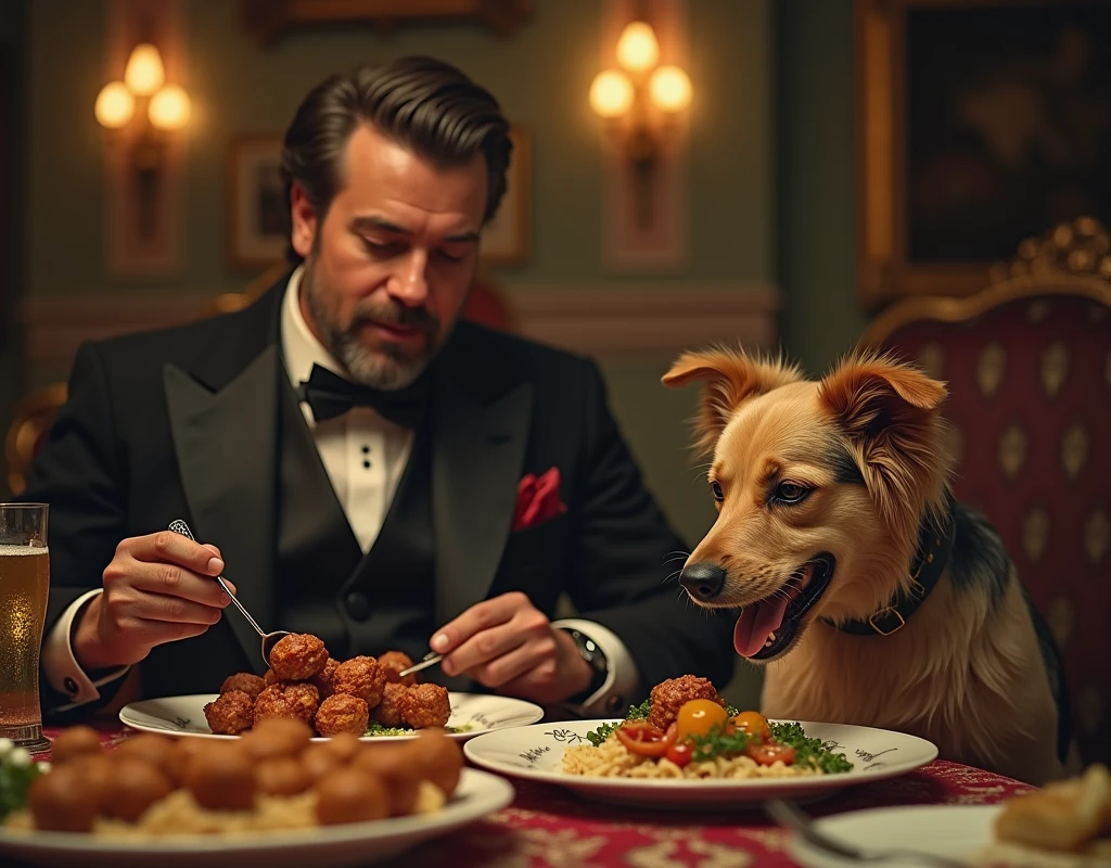 A man has a dog living in luxury, eating kebabs and kofta. Create an image that represents this scene, with colors that look old, as if from the early days of color television.