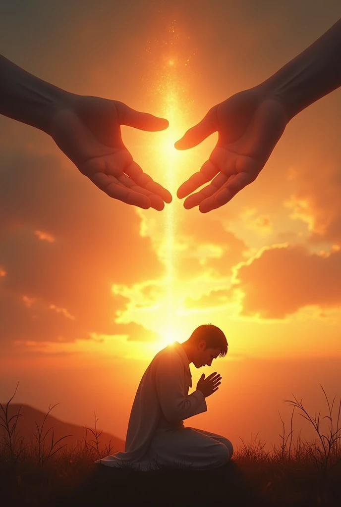silhouette of person kneeling praying and hands of God blessing with sunset backdrop
