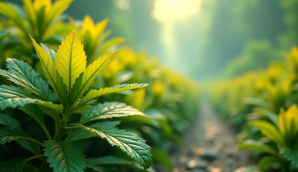 Create an image of the yellowish-green wormwood plant, that the leaves look prominent and releasing medicinal substances in 3d and with an extraordinary background In horizontal size, as for a wallpaper, that you can see it coming from the left side of the image