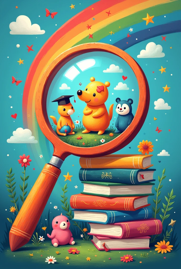 Represent in drawing the learning that is taught at school with fun and different colors, that are under a magnifying glass, and let there be a rainbow that includes books