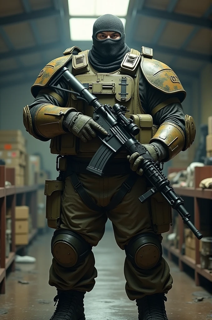 8k ultra realisitic, A white man. Heavy Infantry Army Soldier(ultra reslista). He wears a camouflage balaclava . Muscular and corpulent physique of 2,30 meters high(Realist 8K). He wears a Brazilian army uniform and wears a 6b43 full-body war vest.(Realist 8K). he uses a lot of heavy equipment on it(detailed relist 8k). he is in a barracks. He holds a MK3 machine gun with a large magazine.. Ele se assemelha a um juggetnaut. Shoulder protection(ultra realisitic) groin protection(ultra realisitic). Neck protection(ultra realisitic)