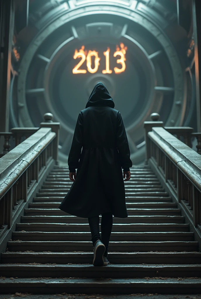 Create a name at the top of a futuristic staircase in front of a dark portal to another dimension.. Above the portal it says 2014 on fire. Man wearing hood with casual but very elegant black clothes walking up the stairs..