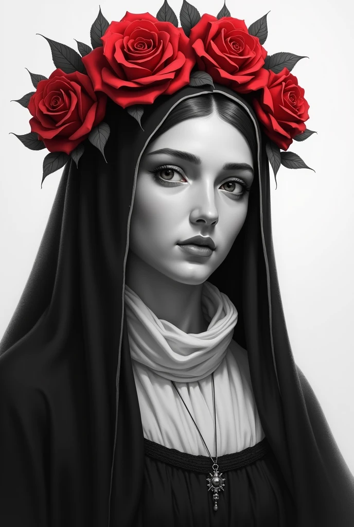 Saint Rose of Lima in a black and white tunic with a crown of red roses and her hair tied back (without any hair outside the tunic) having faith in God