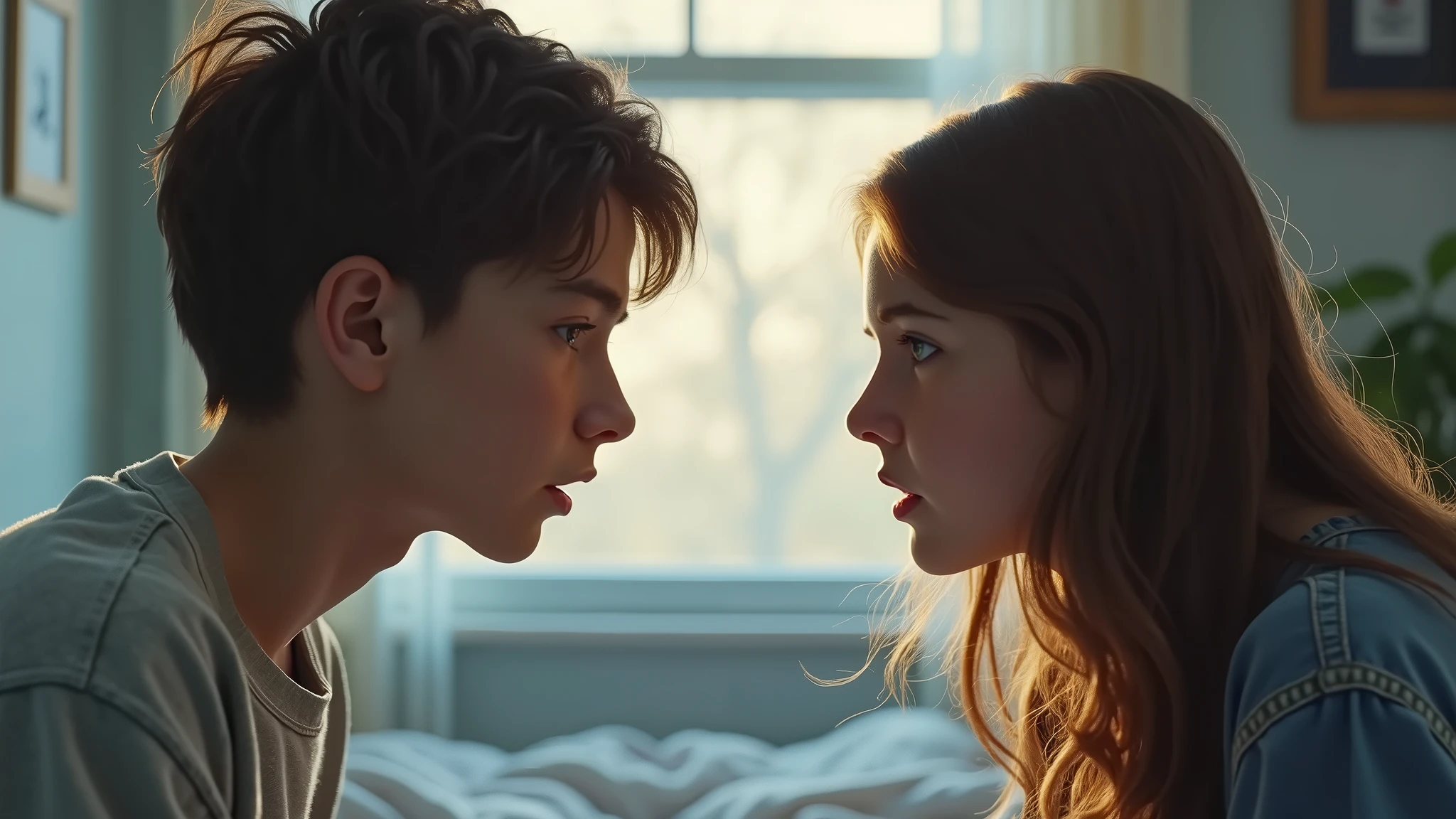 Ultra-realistic portrait of two agers, a boy and a girl, both with expressions of frustration and tension. The boy has short brown hair and the girl has long brown hair. They are dressed casually. The portrait should be from the waist up.
The teens are facing each other in a room, with elements such as a bed and a window in the background, but blurred so as not to distract from the main subjects.
The lighting should be soft and natural, with afternoon light coming from a window, creating subtle shadows that accentuate the teenagerxpressions of frustration. The light should highlight the eyes and the texture of the skin, emphasizing the seriousness of the situation.
The image should convey a sense of tension and frustration, with a touch of vulnerability. Suggest a neutral color palette, such as greys and blues, that complements the atmosphere of the room.
Image Quality: The photo should be of high quality, with 8k rendering and extreme detail, capturing the emotional essence of the moment.