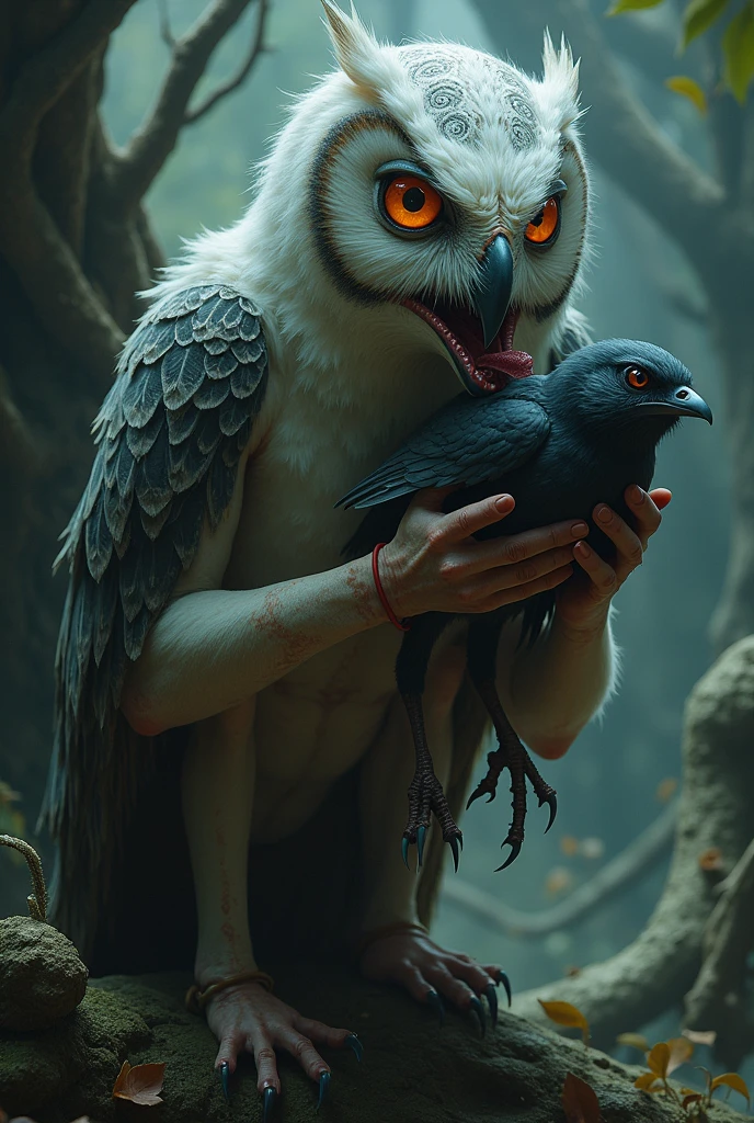 An owl demi-human girl eating a live bird whole 