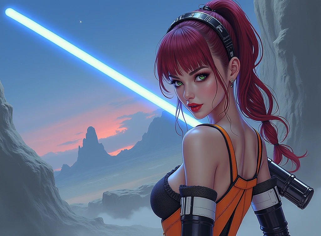 (masterpiece, best quality)), ((((perfect anatomy)))), Curvy Latina with red pigtails, dark green eyes, dark red lipstick, ((elaborate sci-fi orange black and white dress)) (((blue beam saber))), digital domain background, (((photo realistic)))