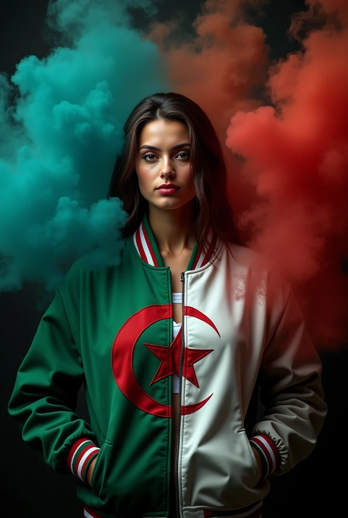 Woman wearing Algerian flag jacket in white and green. Black background with colored smoke.