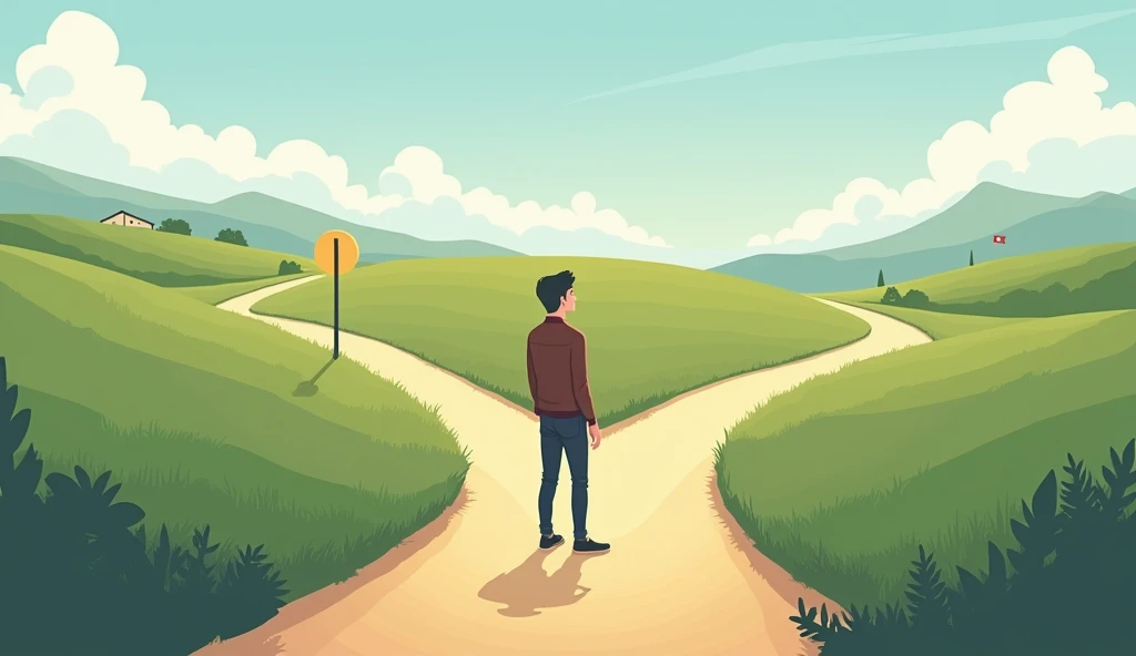 "Choosing between education and career"
A fork in the road, one path labeled "Education" with a diploma in the distance, and the other labeled "Career" with money and work tools at the end, showing the tough choices many face today.Make it realistic not animated