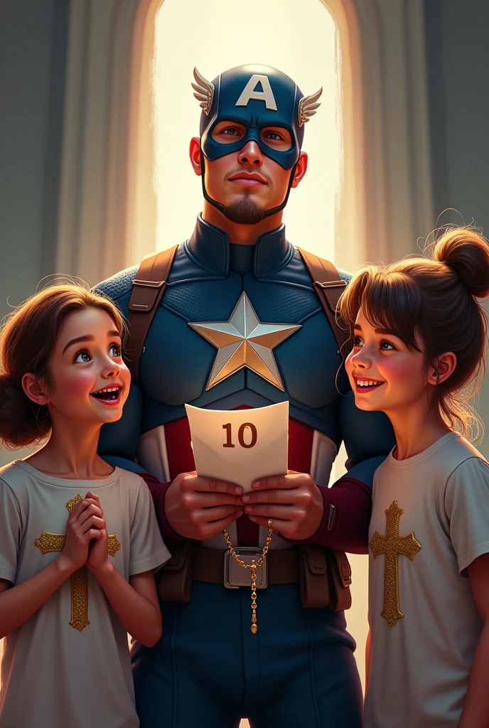 Captain America with two teens beside he, they have a T-shirt with a catholic cross. They are happy. One teen have a paper sheet with a number one on the paper, captain america is praying the rosary