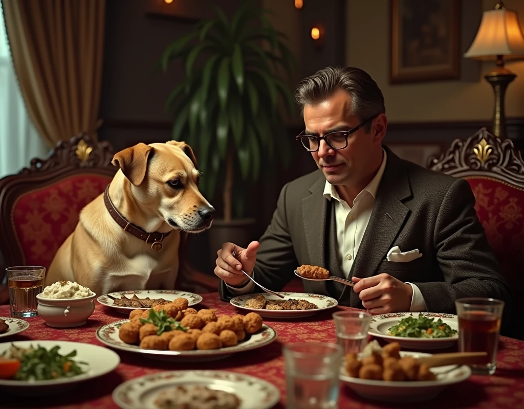 A man has a dog living in luxury, eating kebabs and kofta. Create an image that represents this scene, with colors that look old, as if from the early days of color television.