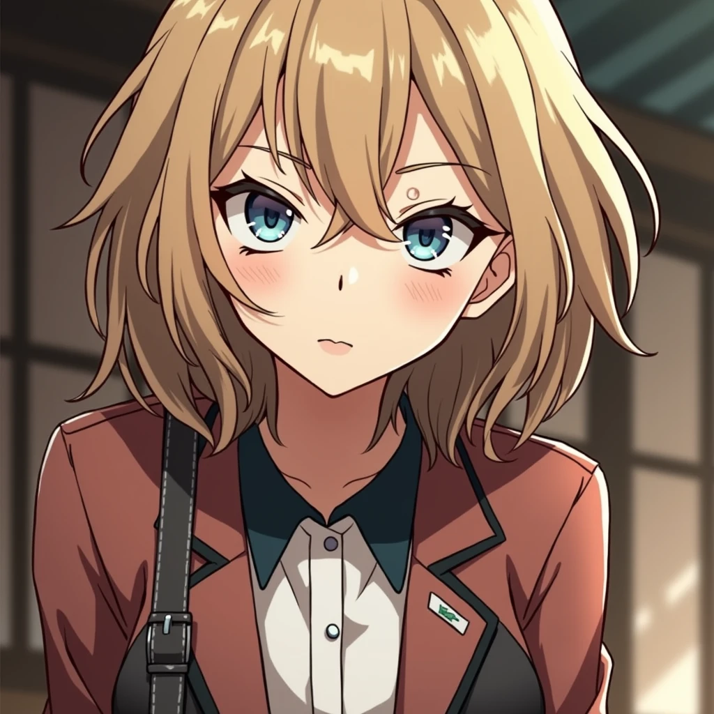 Beautiful woman with wavy short hair and bangs with masculine facial traits, a few moles on her face, bungou stray dogs anime style.