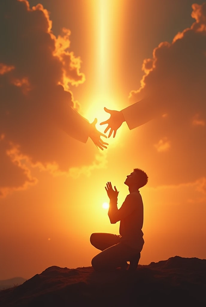 silhouette of person kneeling praying with hands to the sky and hands of God blessing with sunset backdrop