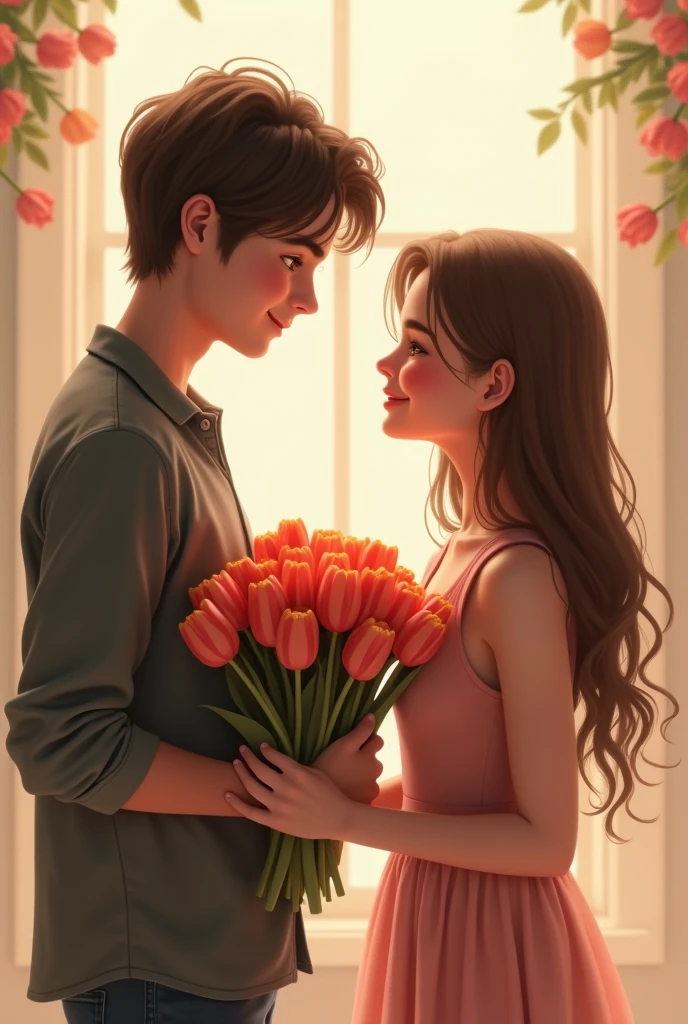 Noah Shnapp giving some tulips to a girl with brown hair and long white hair in a pale pink dress