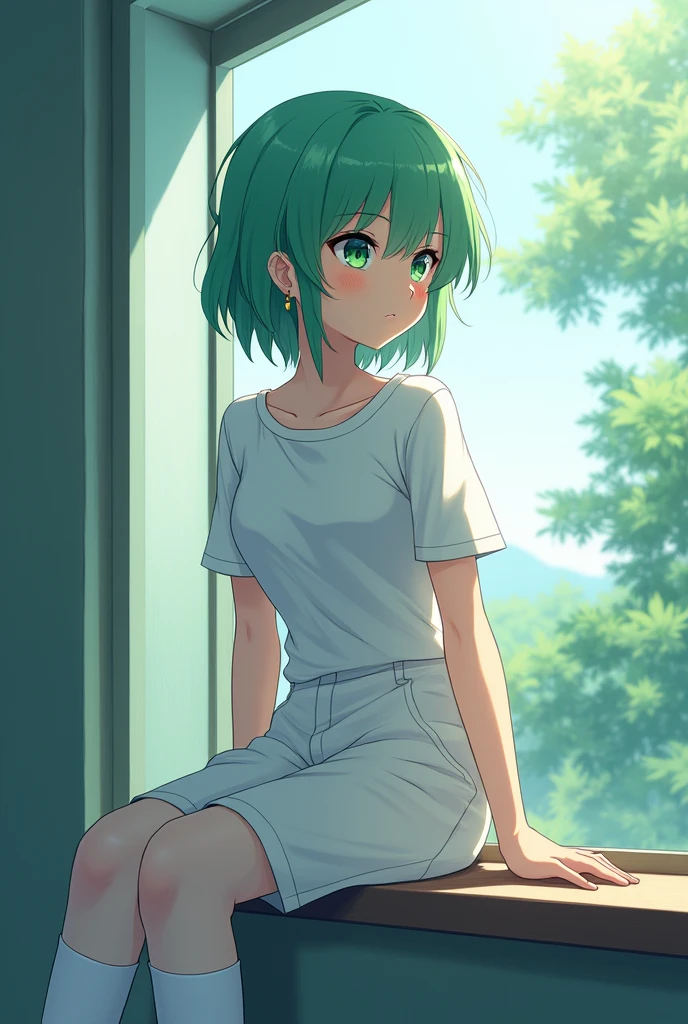 Tall 16 older anime attractive slim girl with short green fluffy hair on the face with darker complexion with chubby cheeks with white shirt and white pants with white knee-high sock with earrings in ears sitting on the windowsill at school with medium boobs