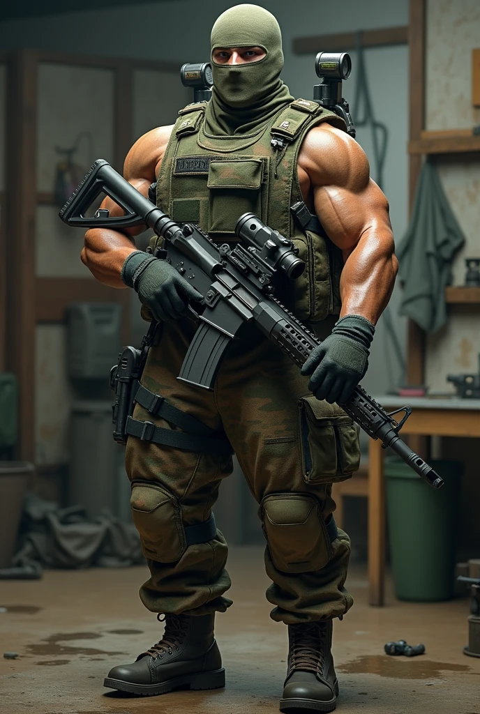 8k ultra realisitic, A white man. Heavy Infantry Army Soldier(ultra reslista). He wears a camouflage balaclava . Muscular and corpulent physique of 2,30 meters high(Realist 8K). He wears a Brazilian army uniform and wears a 6b43 full-body war vest.(Realist 8K). he uses a lot of heavy equipment on it(detailed relist 8k). he is in a barracks. He holds a MK3 machine gun with a large magazine.. Ele se assemelha a um juggetnaut. Ballistic protection for the shoulder(ultra realisitic) ballistic groin protection(ultra realisitic). Ballistic protection on the neck(ultra realisitic)