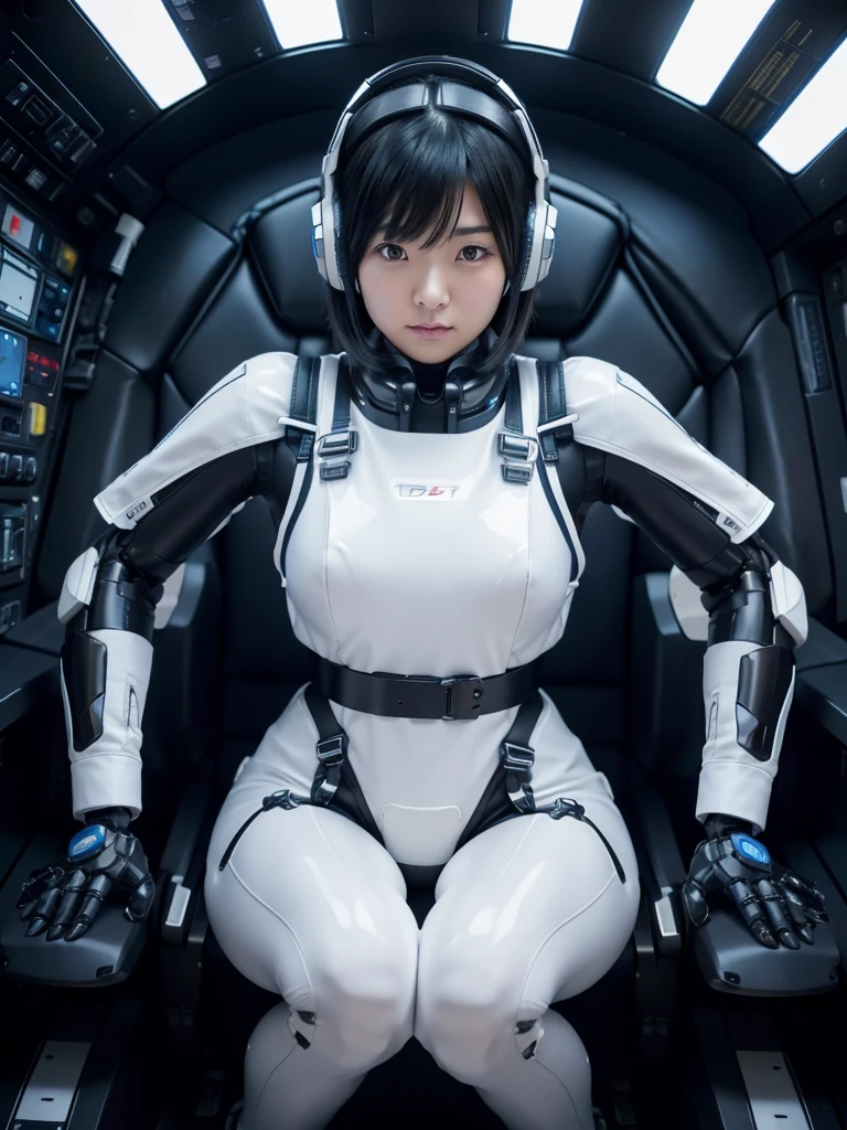 Japanese female android,Black Hair,Space rocket cockpit,Secured to the seat with a thick harness,Wearing a headset,Plump,Slightly thicker,Spread your legs,Squat,White robot suit,Robotic arms and legs,There is a control panel and monitor on the chest.,Surrounded by switches,