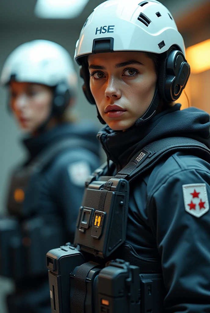 Create a HSE tem leader male age 22 and back side hse staff female team age and white helmet