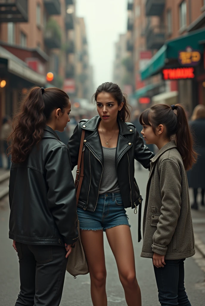 Fille cheveux attaché veste cuir mini short jean grand sac a main, she is with her daughters, they fight