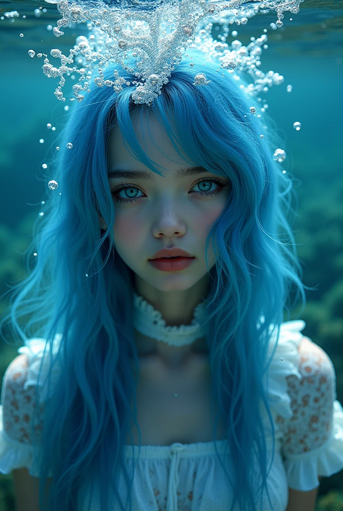 8K, 1girl, high color, gorgeous, (fractal art 1.8), pout, youth, blue hair, deep under the sea, gorgeous, dynamic, visual impact, hands in pockets, (waves on the lens 1.5)