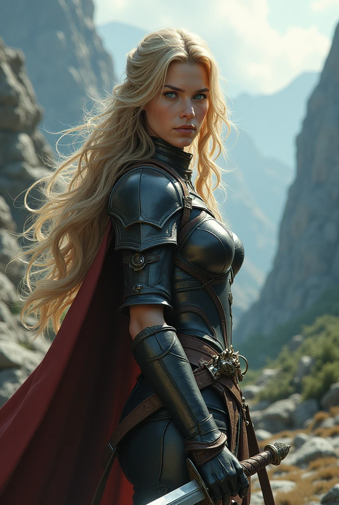 Blonde swordswoman character with blue eyes.
