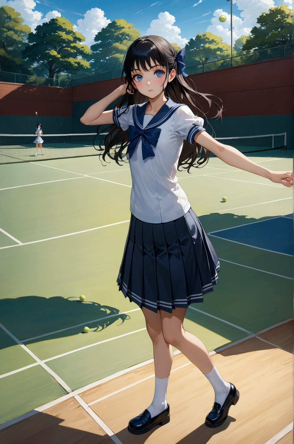 realistic anime illustration of beautiful middle school girl is posing at tennis court, she has black long wavy hair, white short puff sleevesailor collar shirt, navy-blue bow, navy-blue pleated pencil long skirt, white socks, black mary-jane shoes, (1girl, solo, full body), (masterpiece, best quality, japanese anime style), (expressive eyes, perfect face, perfect body)