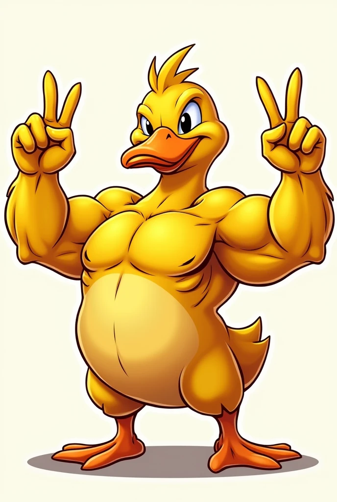 create a muscular cartoon yellow duck by making the peace symbol with your fingers
