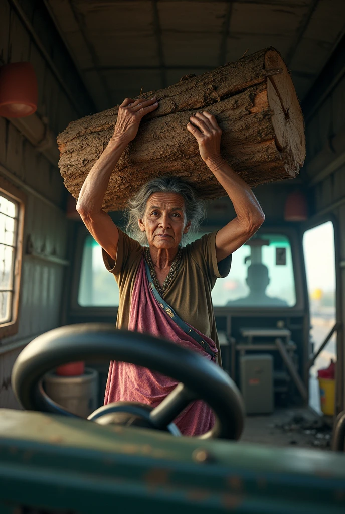 Please provide an image of an elderly woman carrying a log of firewood on her head inside a moving truck, with the truck's driver visible in the driver's seat. The focus should be on the woman’s posture and the log of firewood, with the interior of the truck and the driver’s position clearly visible.”