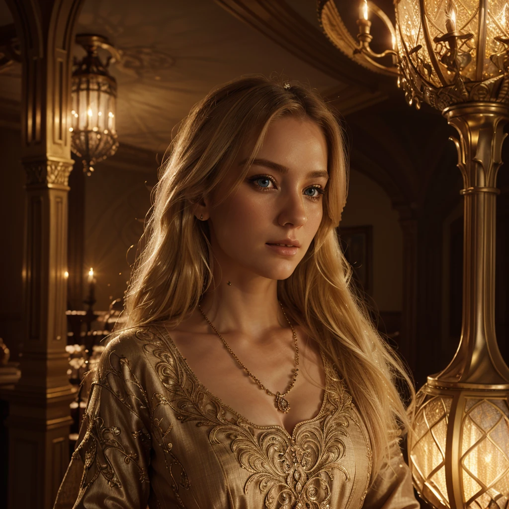 a beautiful blonde woman, detailed facial features, elegant expression, flowing hair, decorative cambrer dress, ornate jewelry, atmospheric lighting, dramatic cinematic lighting, intricate fantasy background, detailed rendering, photorealistic, 8k, best quality, highly detailed