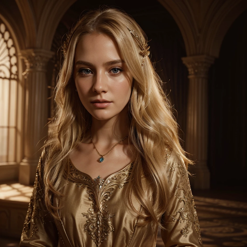 a beautiful blonde woman, detailed facial features, elegant expression, flowing hair, decorative cambrer dress, ornate jewelry, atmospheric lighting, dramatic cinematic lighting, intricate fantasy background, detailed rendering, photorealistic, 8k, best quality, highly detailed