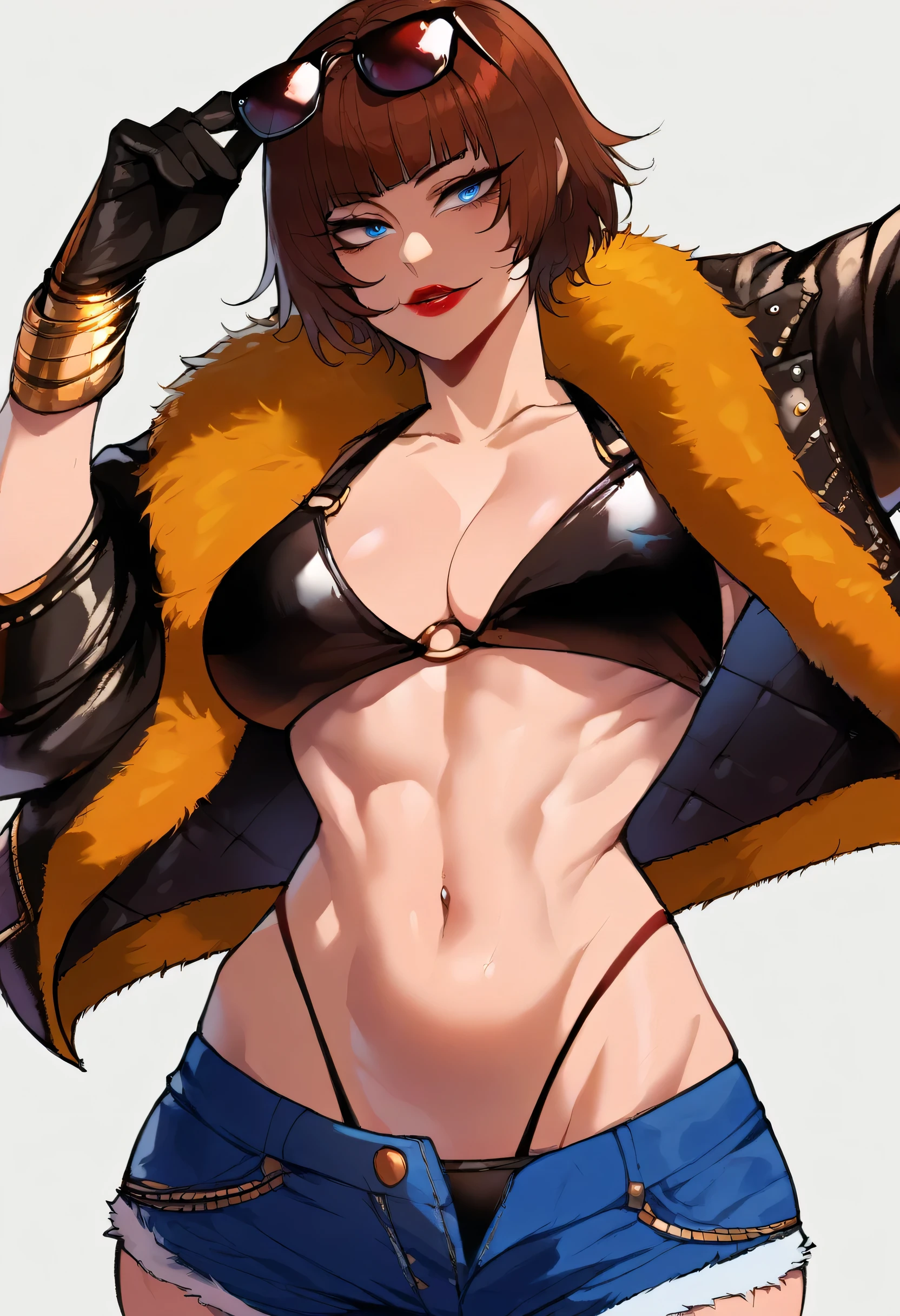 (Score_9, score_8_up, score_7_up, score_6_up), (adult, seductive face, seductive expression),pinup pose, close up, brown hair, bobcut, bangs, big breasts, blue eyes, sunglasses, red lips, full lips, eyeliner, snakeskin jacket, fur trim, black bikini top, black hotpants, black leather booty shorts, thong, leather gloves, gold bracelet, Anna_Williams \(Tekken\), Nyantcha Style, source_anime,