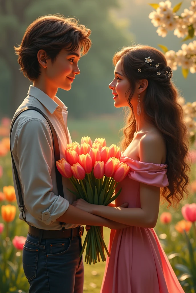 Noah Shnapp giving some tulips to a girl with brown hair with long white hair in a realistic pink dress