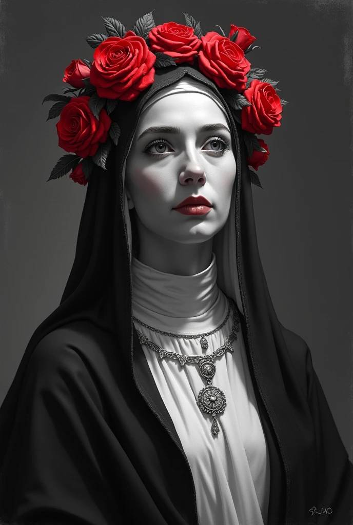 Saint Rose of Lima in a black and white tunic with a crown of red roses and her hair tied back (without any hair outside the tunic) having faith in God and that he is not in black and white