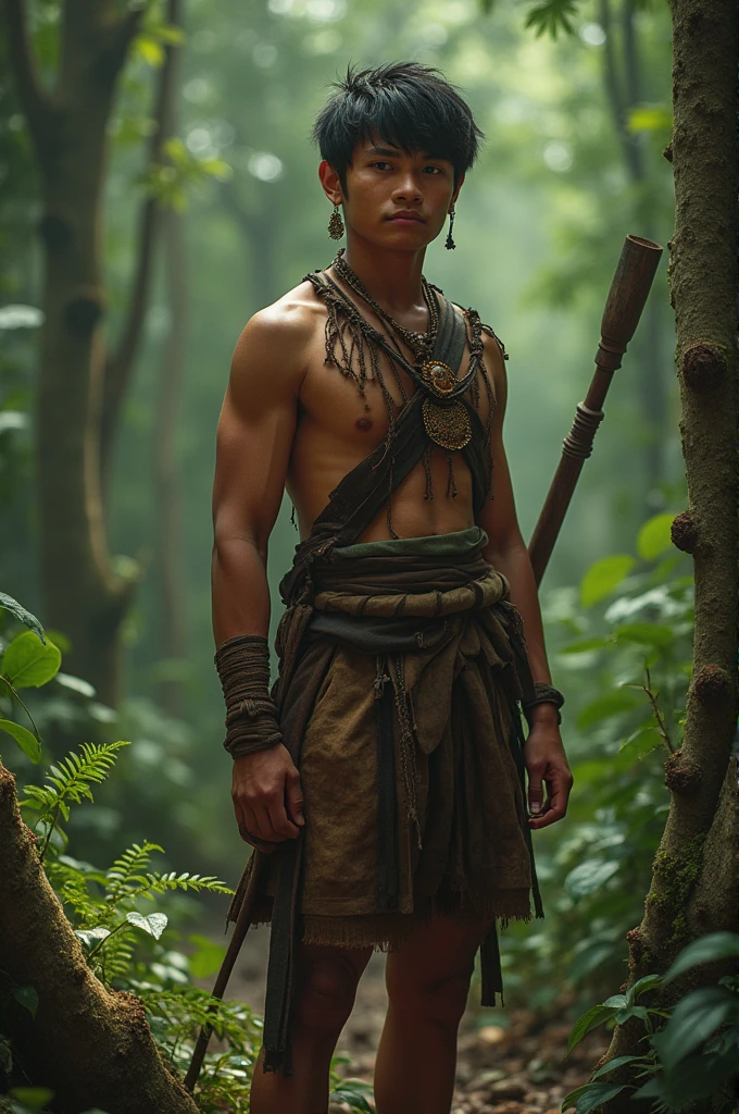 ((best quality)), ((masterpiece)), (detailed), Rian (teenager) (masculine) , a newcomer to the village, decided to enter the forest to gather firewood, ignoring the warnings (use outfit sundanese culture)