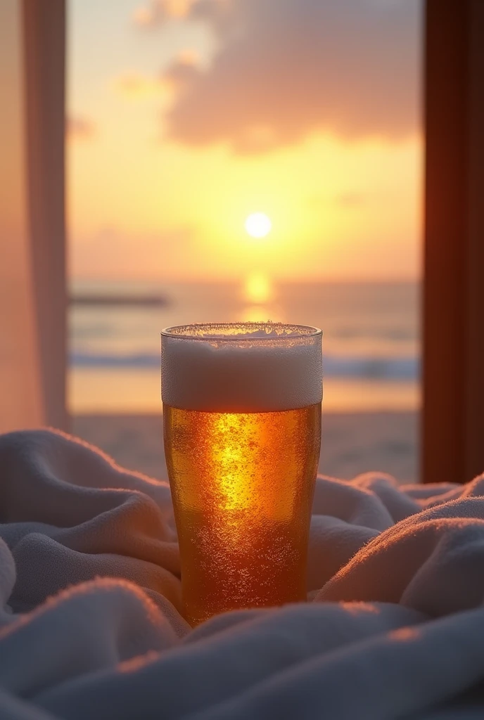 A cold beer with frzis on a cozy bed in front of the beach at sunset
